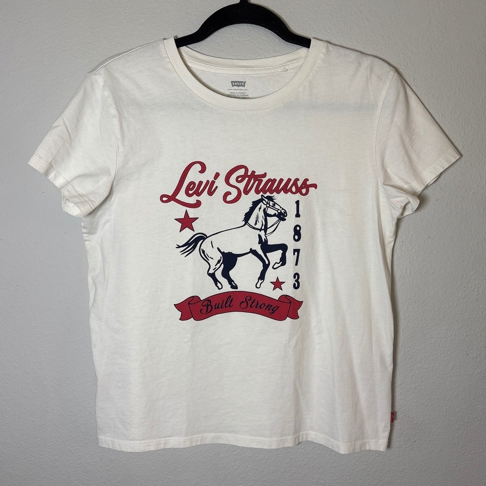 Levi Strauss Womens Graphic T Shirt White Built Strong Horse 1873 Cotton Medium - Picture 2 of 7